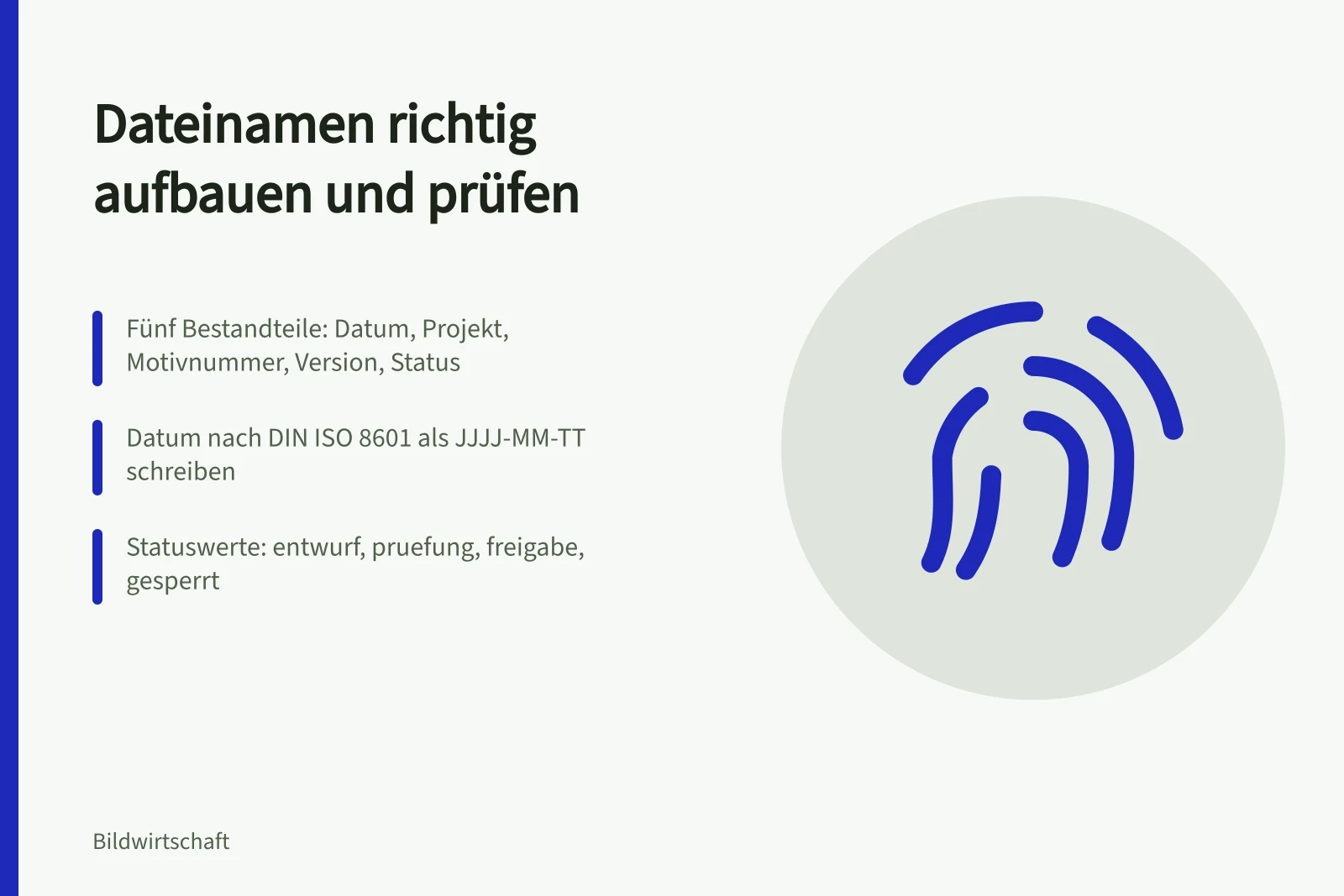 Karte zur Dateibenennung mit Datum, Projektkennung, Motivnummer, Version und Status
