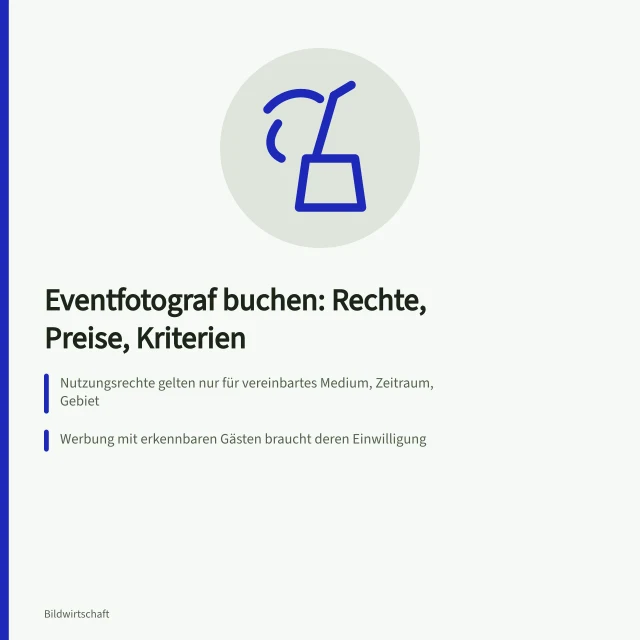Karte zu Rechteklärung und Zusammenarbeit bei Eventfotografen für Firmenfeiern. Eventfotograf für Firmenfeiern: Kriterien für Rechteklärung und Zusammenarbeit