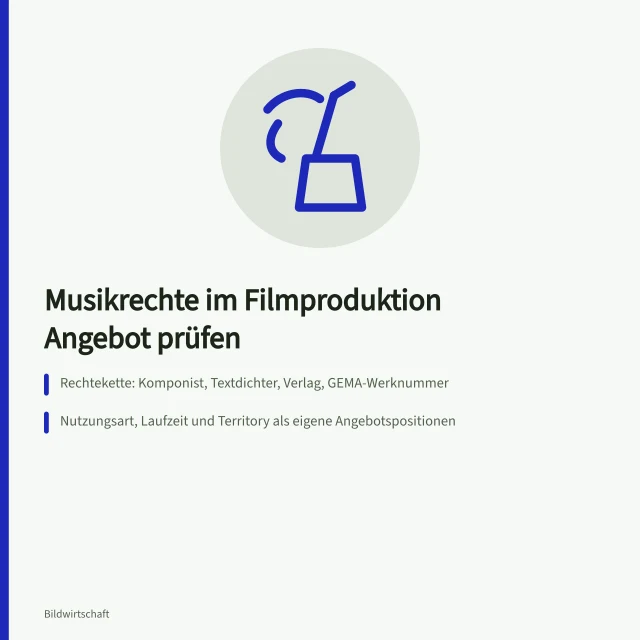 Checkliste zu Musikrechten, GEMA, GVL und Nutzungsumfang im Filmangebot. Filmproduktion Angebot Checkliste für Musikrechte, GEMA und Nutzungsumfang