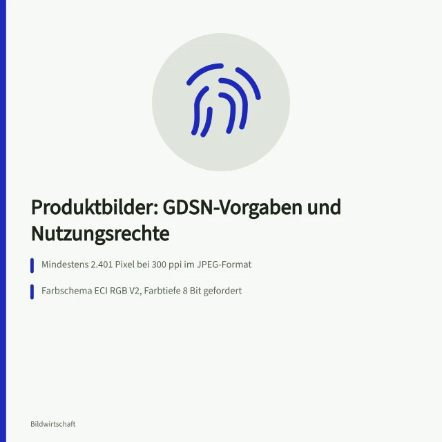 Karte zu GDSN-Vorgaben, Marktplatzanforderungen und Nutzungsrechten für Produktbilder. Produktbilder Standard: GDSN-Vorgaben, Rechte und Varianten planen