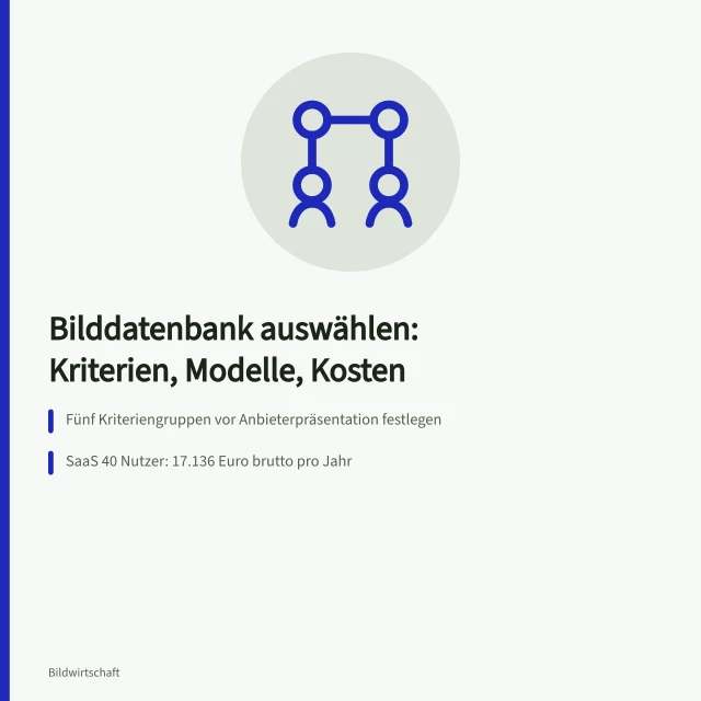 Karte zur Auswahl von Bilddatenbanken mit Kriterien, Betriebsmodellen und Kostenvergleich. Softwareauswahl dokumentieren: Kriterien und Betriebsmodelle im Anbietervergleich