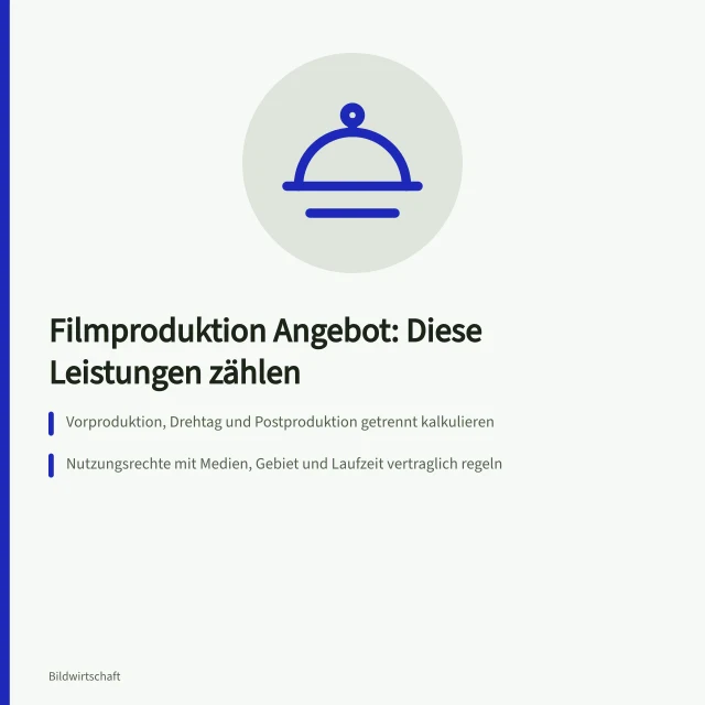 Karte zu Leistungsbausteinen und Kalkulation im Filmproduktion Angebot. Welche Leistungen gehören in ein Filmproduktion Angebot für Unternehmen?