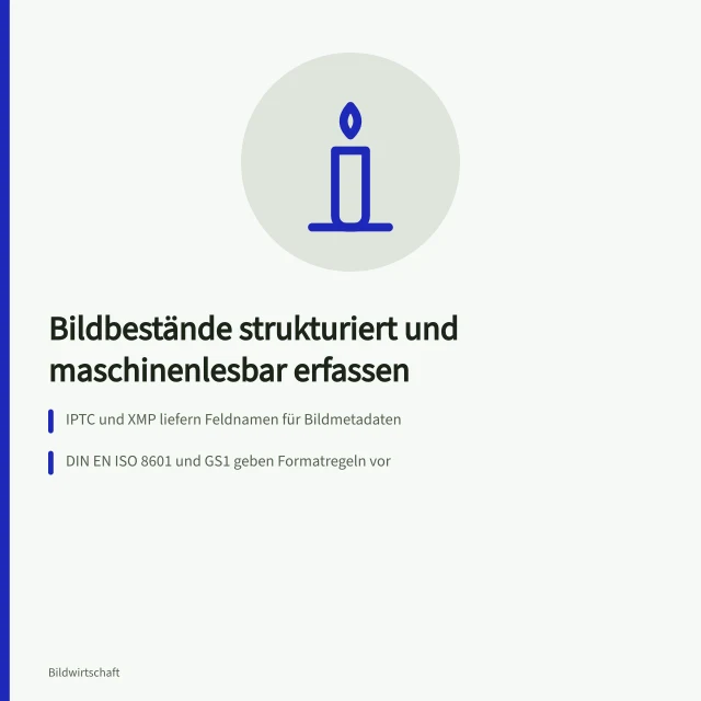 Karte zur Strukturierung von Bildbeständen mit IPTC, XMP, DIN und GS1. Wie werden Bestandsdaten strukturiert und maschinenlesbar erfasst?